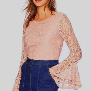 ADRIANNA PAPELL PINK LACE top blouse Sz S BELL SLEEVES BOHO CHIC PREPPY STUNNING